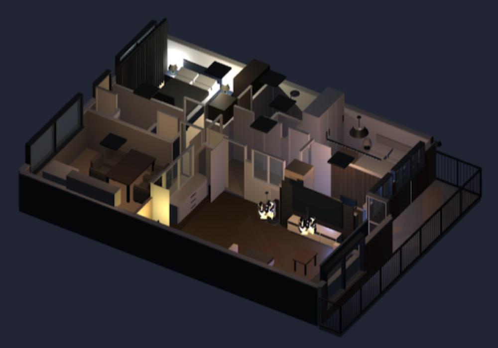 Digital Twin’s 3D cutaway of a furnished apartment with illuminated rooms