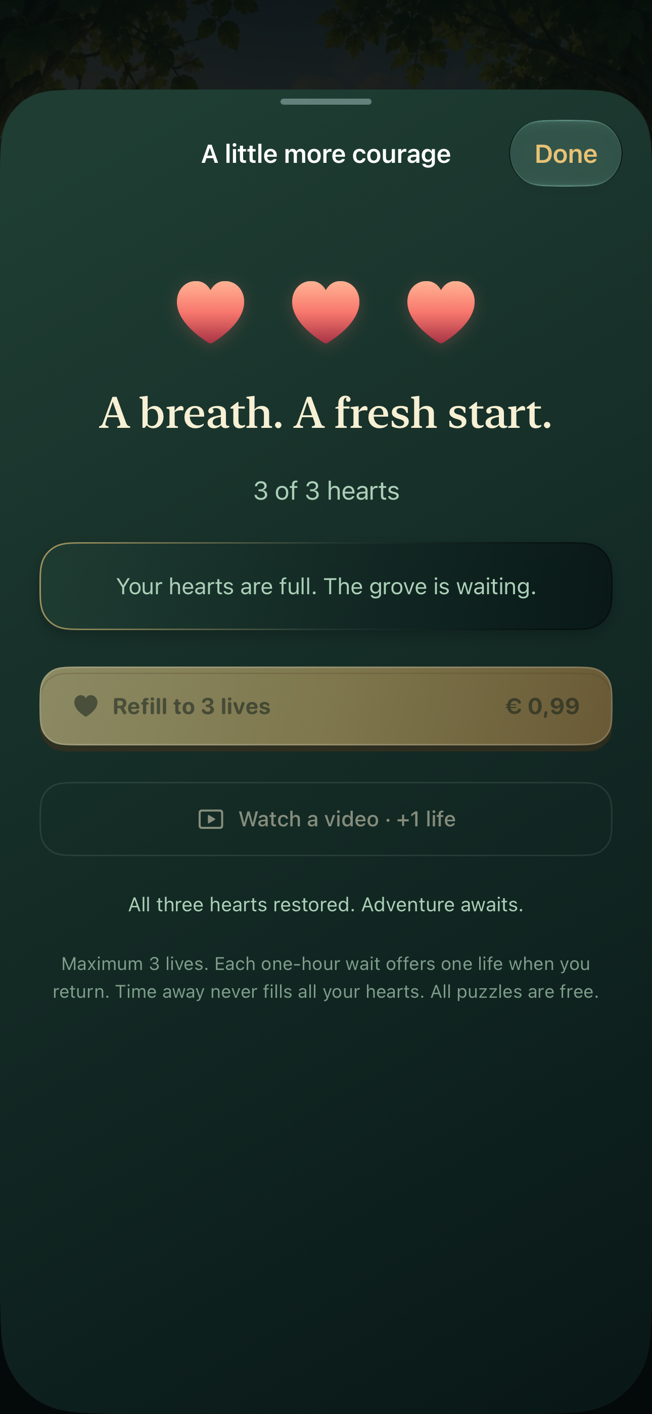 The hearts screen shows three lives and optional ways to refill them