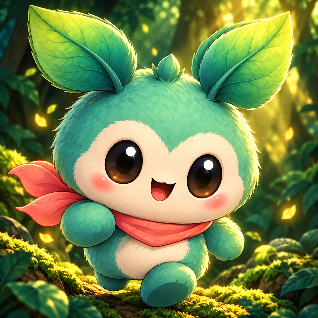 Tiko, a small mint-green forest creature with leaf ears and a red scarf